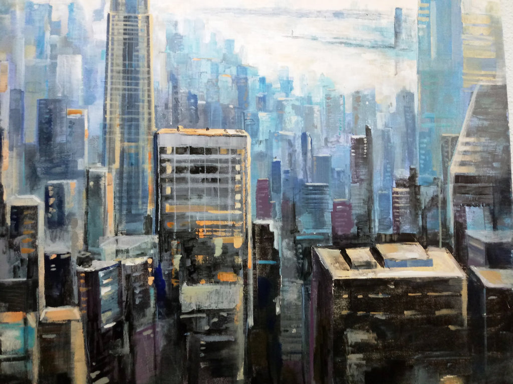 Original Ölbild auf Holzplatte – Muz Martínez „Wake Up New York“ – 80×85 cm