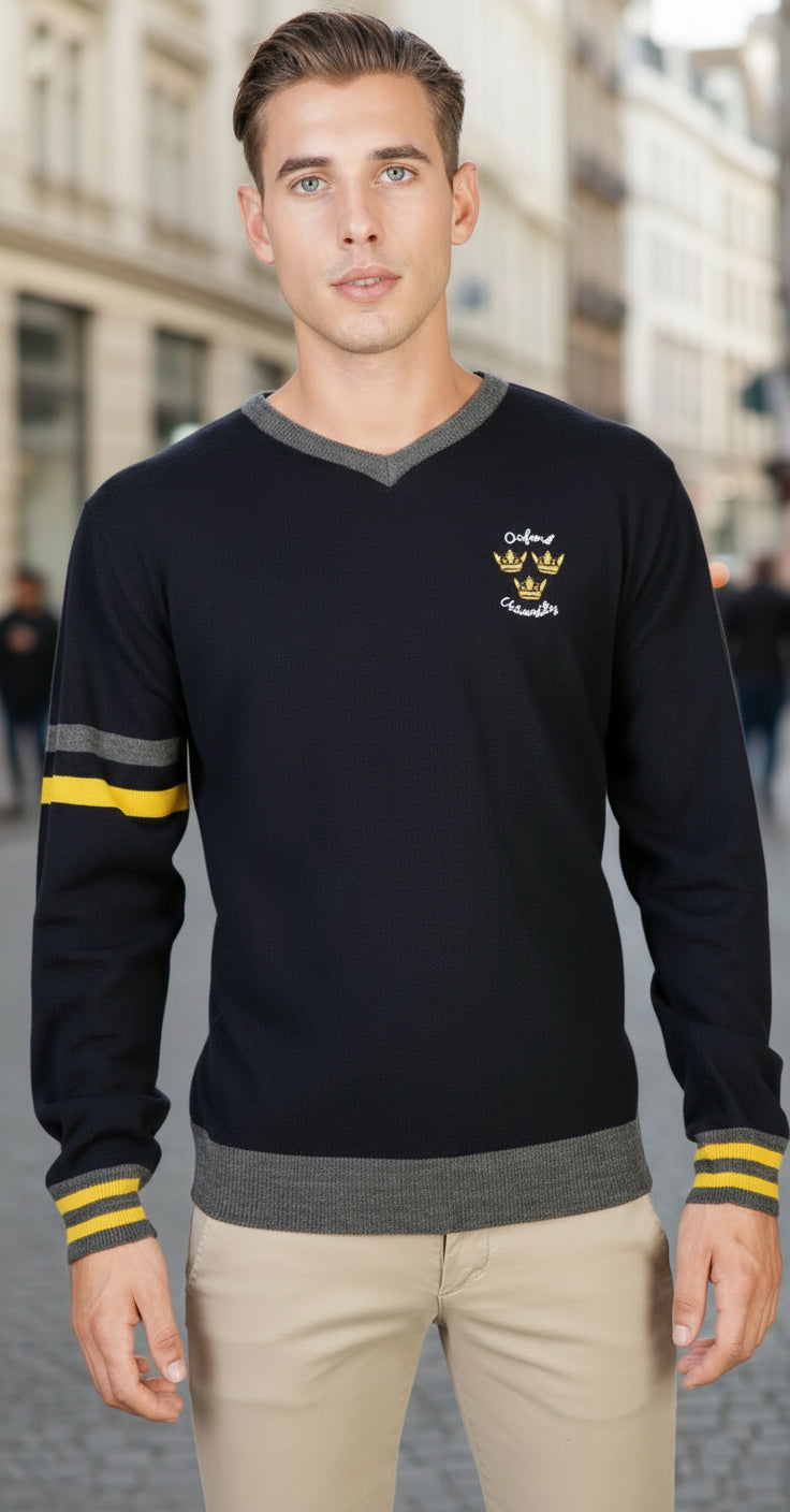 Herren Oxford University V-Ausschnitt Pullover – Navy Blau