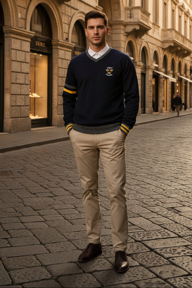 Herren Oxford University V-Ausschnitt Pullover – Navy Blau