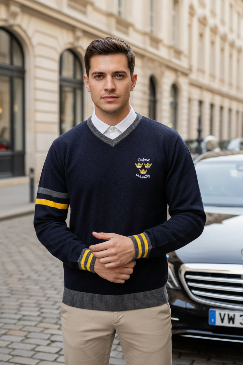 Herren Oxford University V-Ausschnitt Pullover – Navy Blau