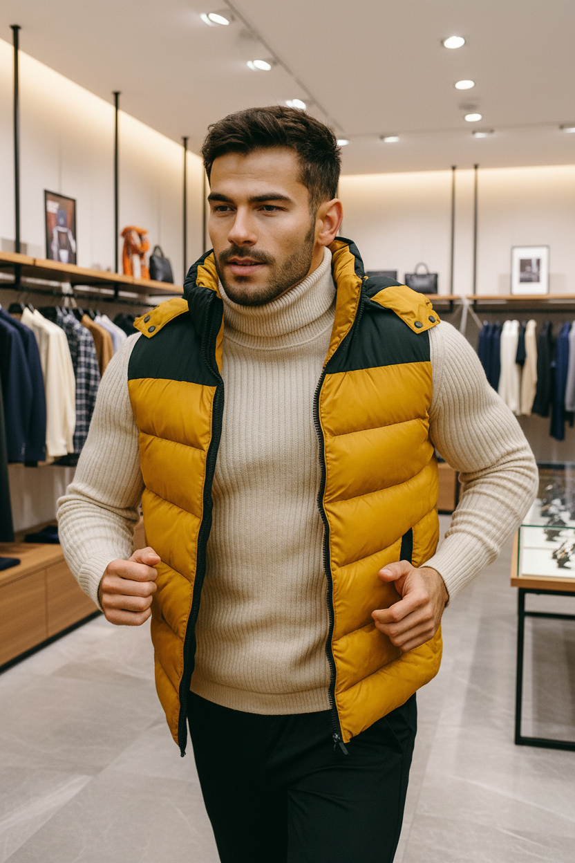 Herren warme Steppweste mit Kapuze – Gelb/Schwarz Hauptbild