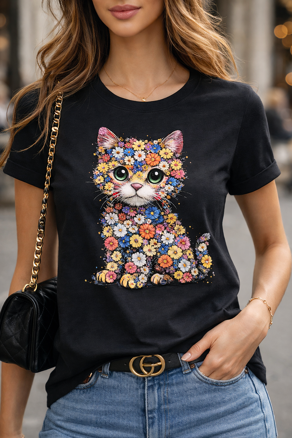 Damen T-Shirt mit buntem Katzen-Motiv