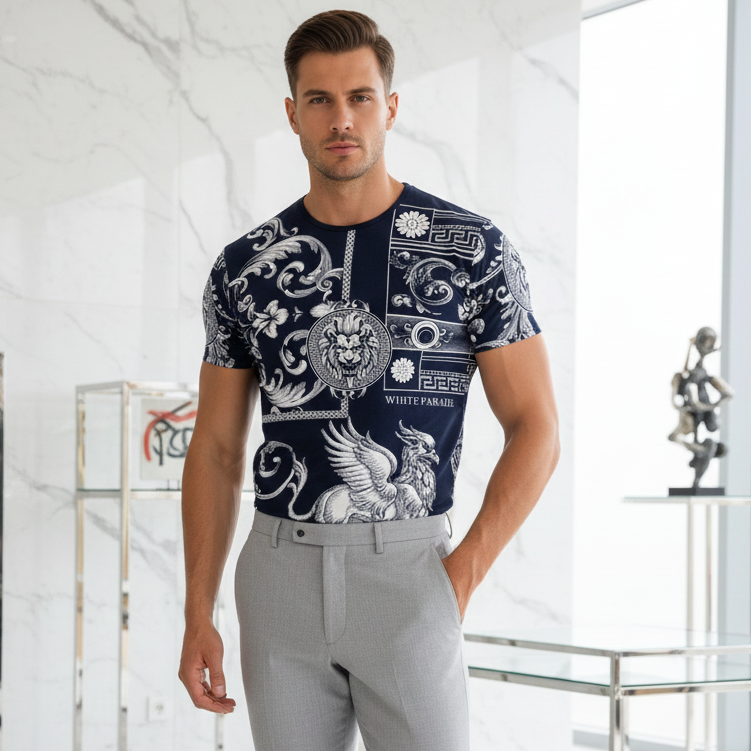 Herren T-Shirt mit Löwenmotiv – Blau (Front & Rücken bedruckt)