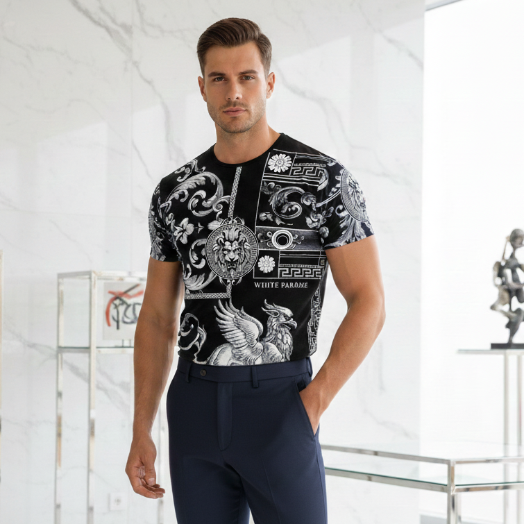 Herren T-Shirt mit Löwenmotiv – Schwarz (Front & Rücken bedruckt)