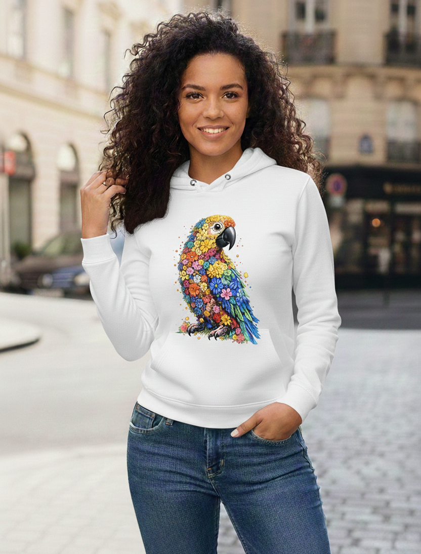 Damen Hoodie mit buntem Papagei-Blumenmotiv