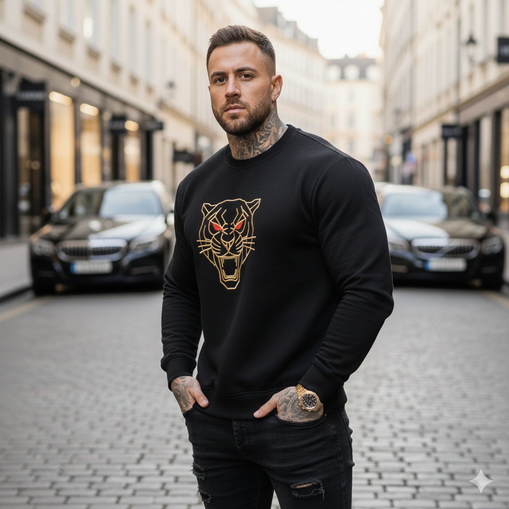 Herren Pullover Schwarz – Gesticktes Tiger-Motiv