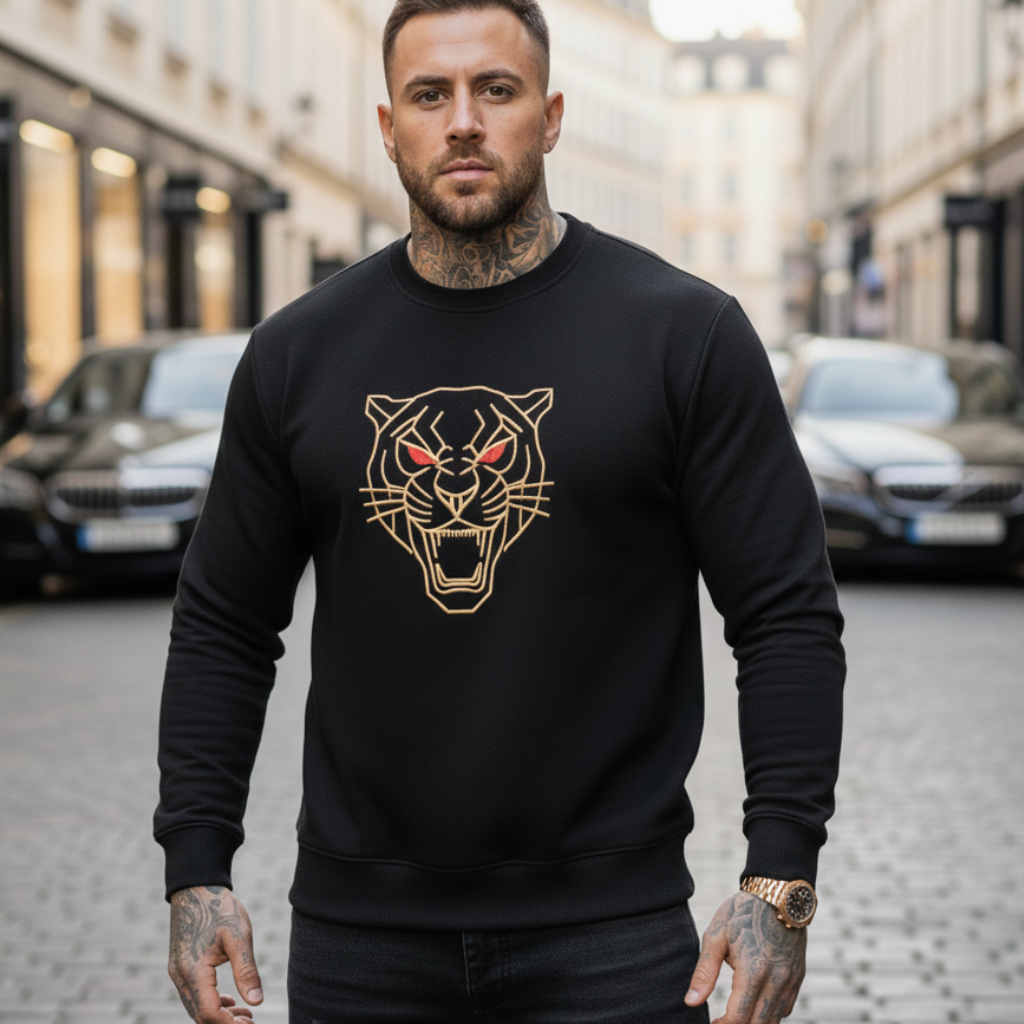 Herren Pullover Schwarz – Gesticktes Tiger-Motiv