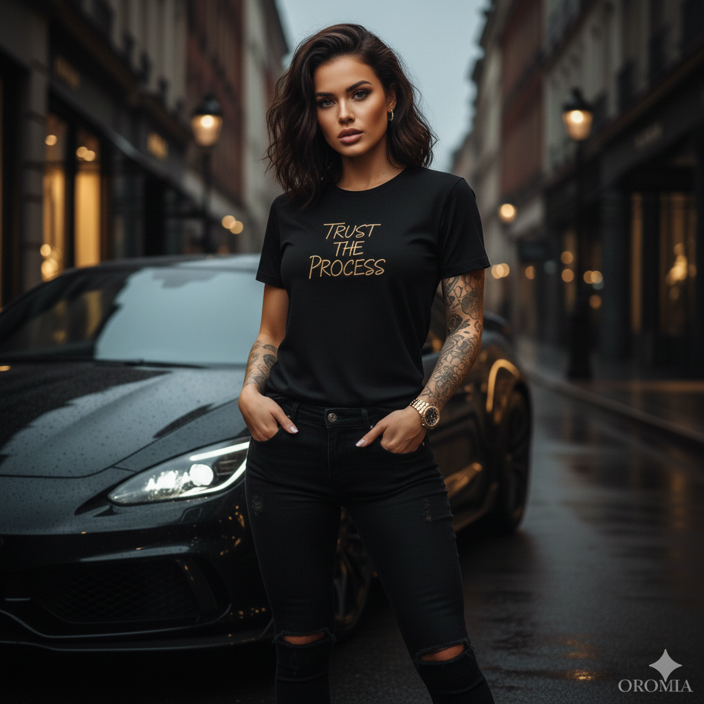 Damen T-Shirt mit gesticktem Schriftzug „Trust the Process“