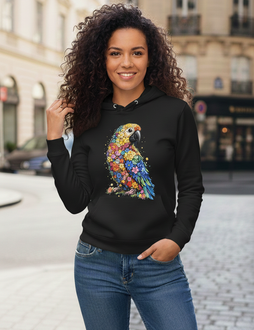 Damen Hoodie mit buntem Papagei-Blumenmotiv