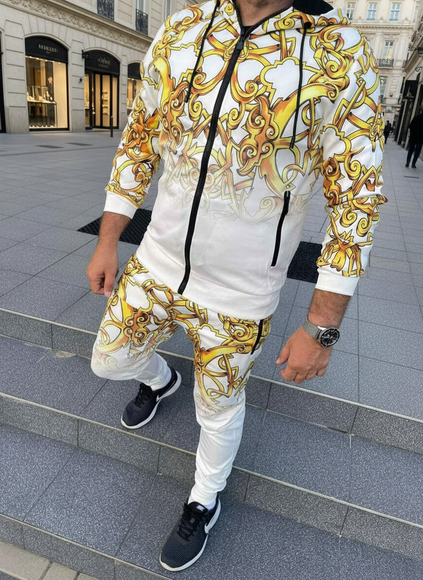 Herren Luxus-Trainingsanzug – Weiß/Gold Baroque Style