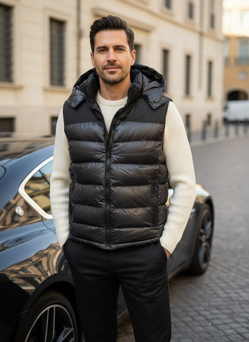 Herren warme Steppweste mit Kapuze – Schwarz