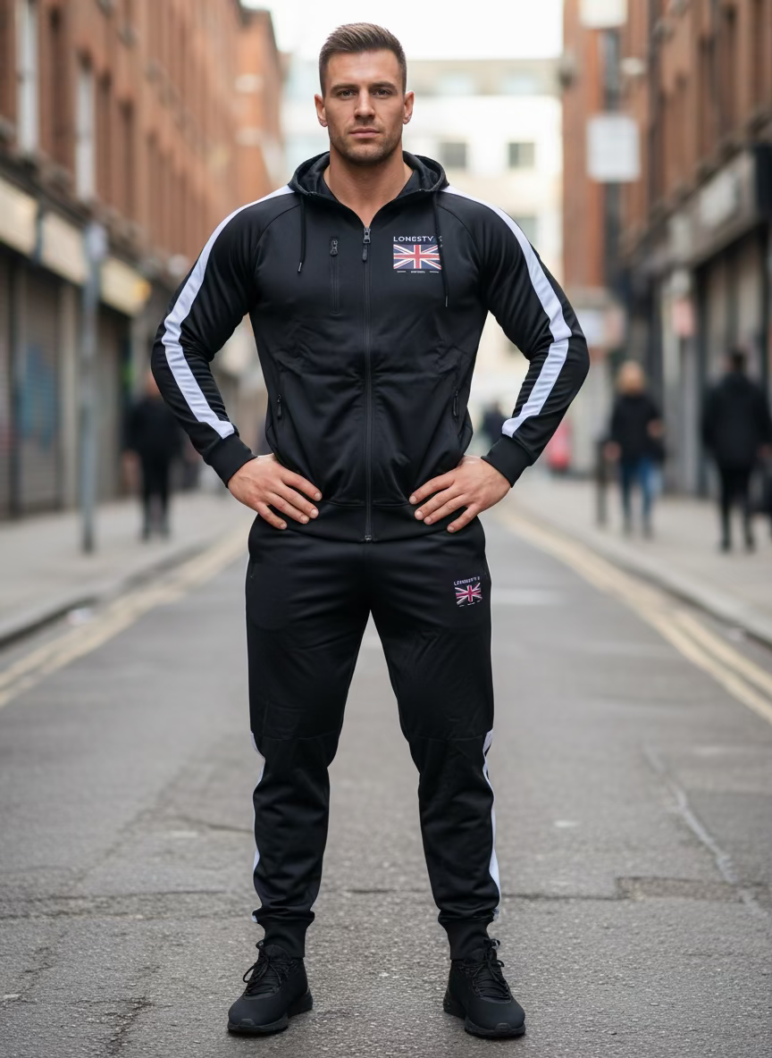 Herren Trainingsanzug LondStyle – Schwarz/Weiß mit Kapuze