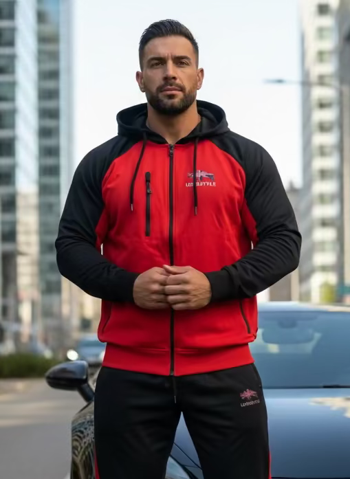 Herren Trainingsanzug LondStyle – Rot/Schwarz mit Kapuze Hauptbild