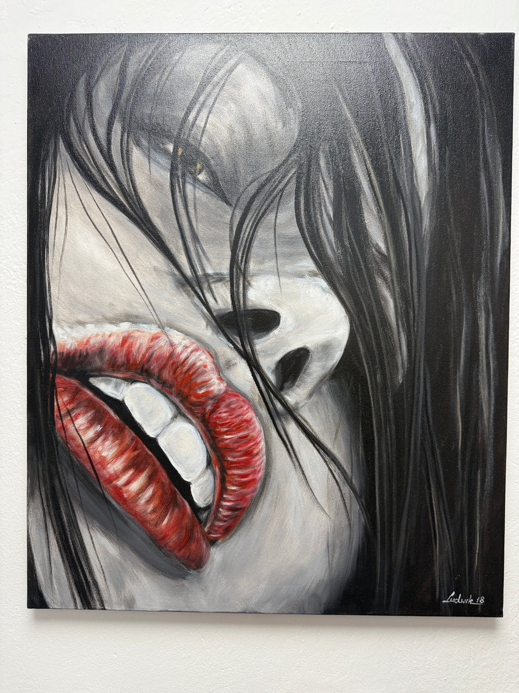 Original Ölbild auf Leinwand – Rote Lippen Frau, Moderne Wanddeko 50x60cm