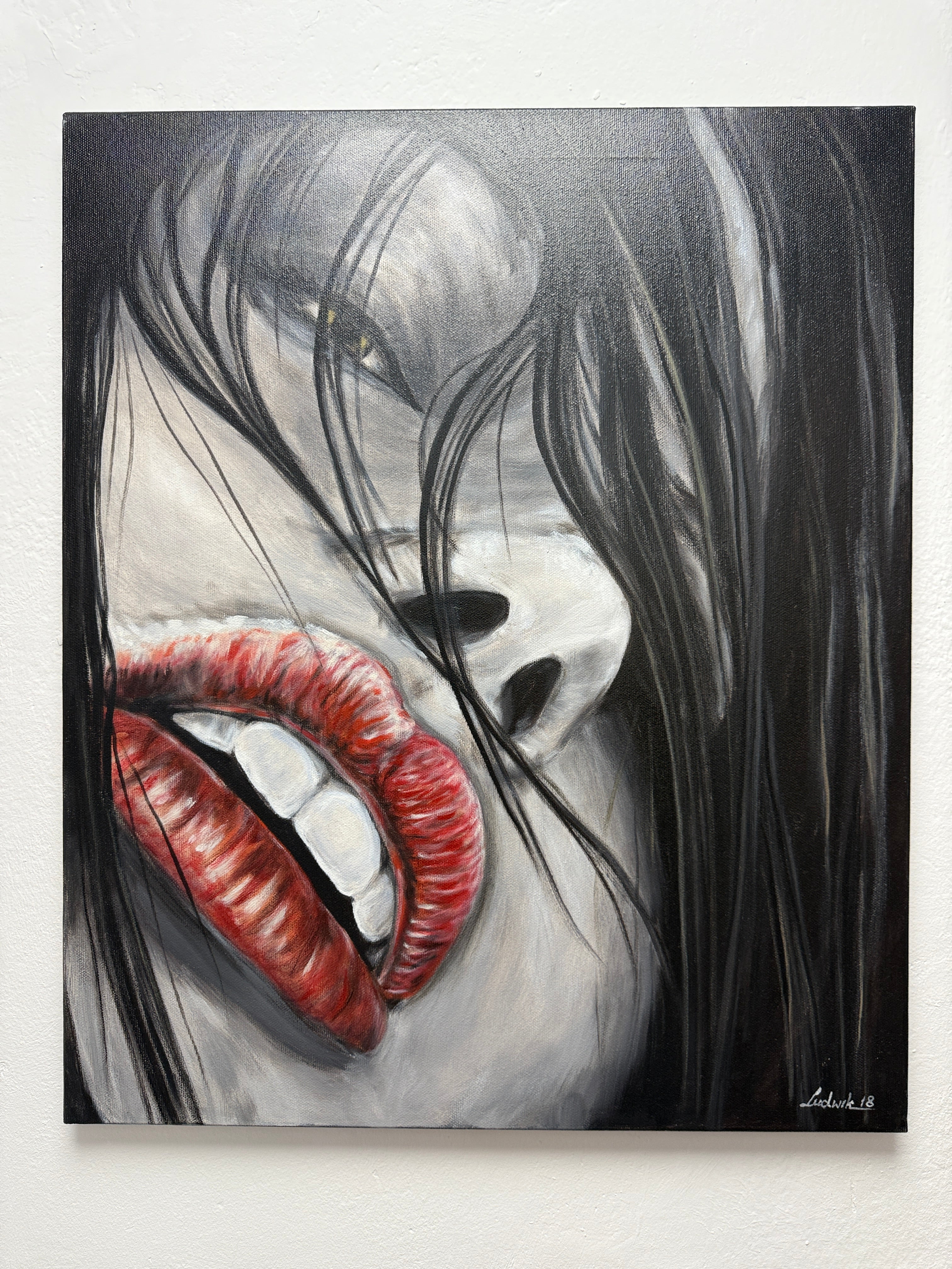 Original Ölbild auf Leinwand – Rote Lippen Frau, Moderne Wanddeko 50x60cm
