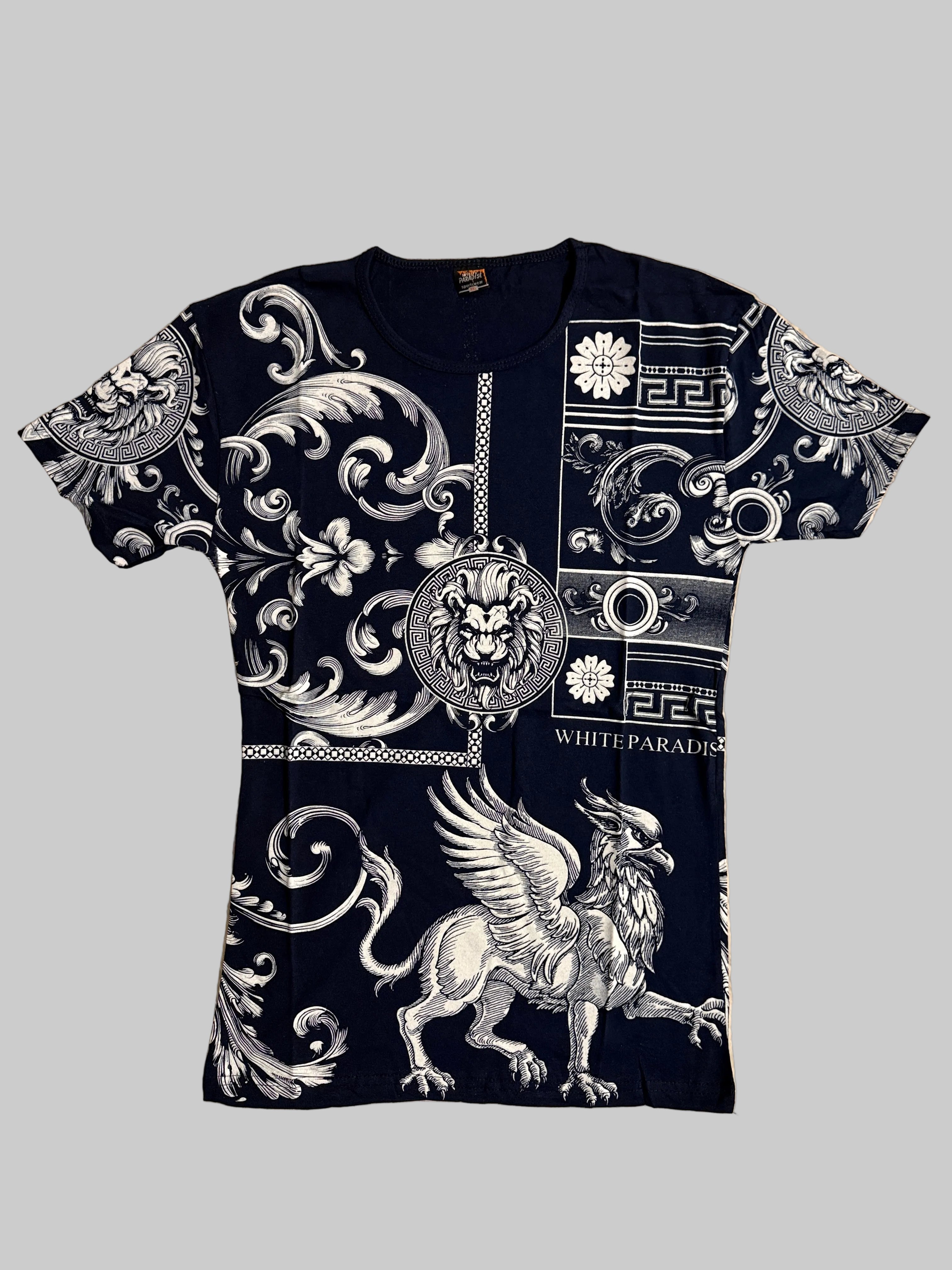 Herren T-Shirt mit Löwenmotiv – Blau (Front & Rücken bedruckt)