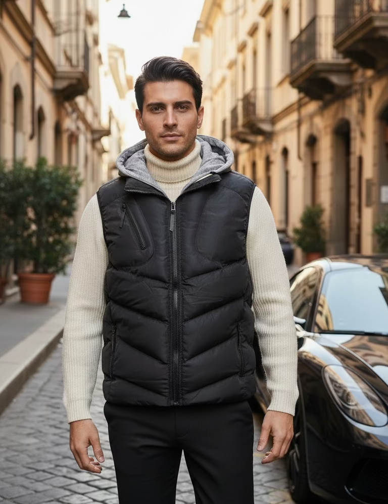 Herren warme Steppweste mit Kapuze – Schwarz Hauptbild