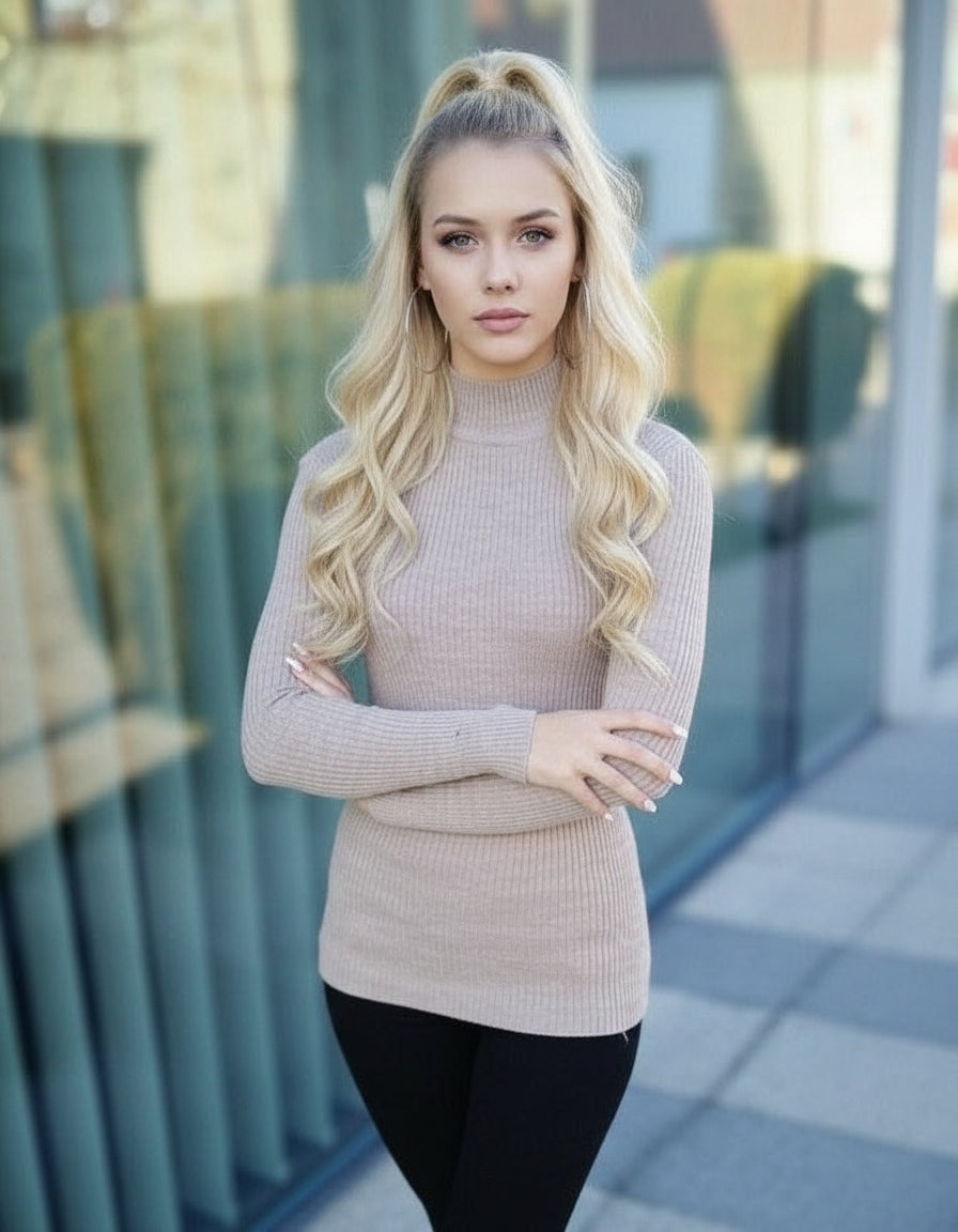 Damen Ripp-Rollkragenpullover – Beige, One Size (S–M)