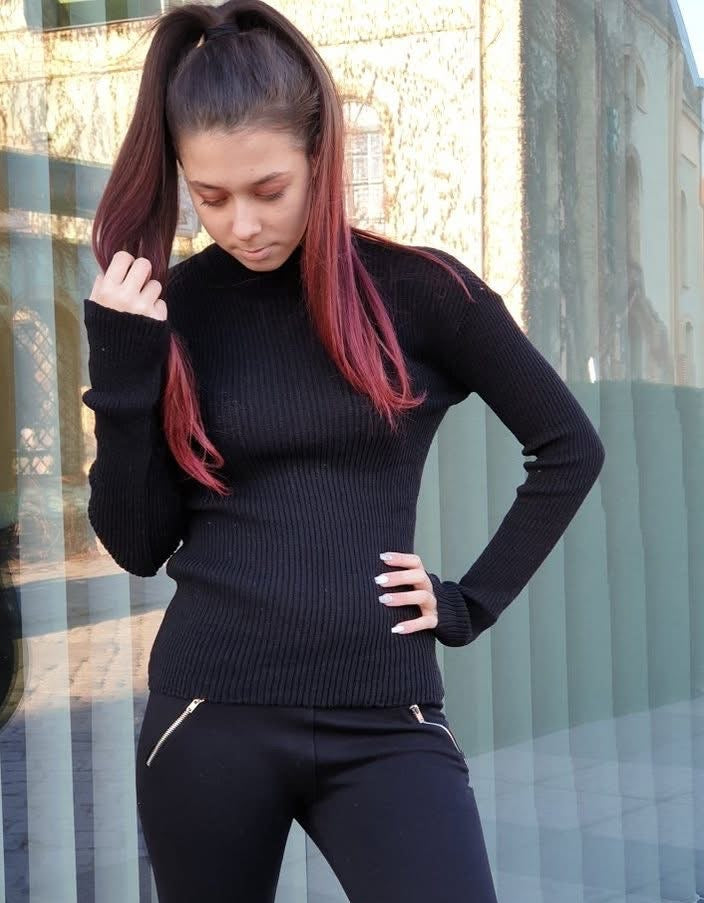 Damen Ripp-Rollkragenpullover – Schwarz, One Size (S–M)