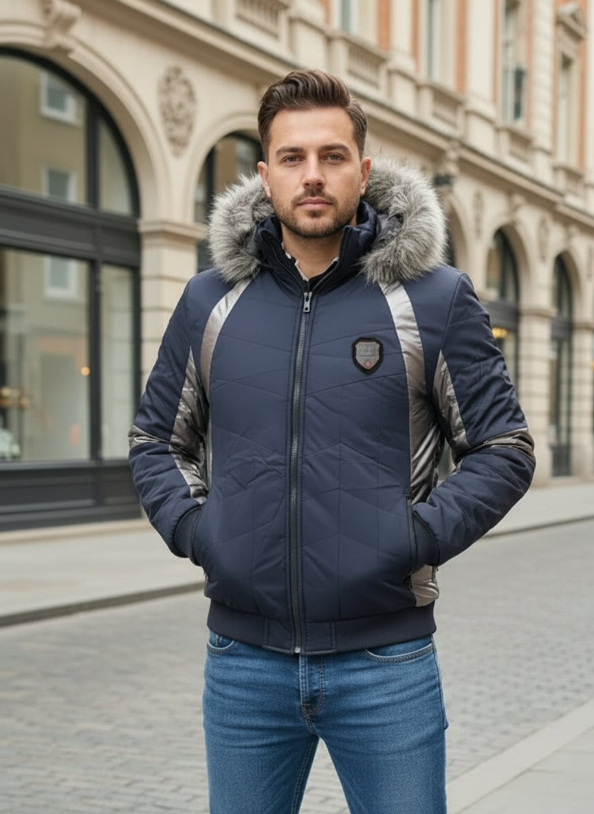 Herren Winterjacke mit Fellkapuze – Blau mit Silber-Details Hauptbild