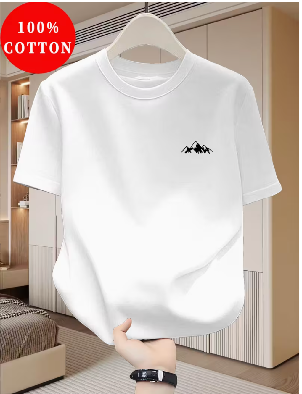 Herren T-Shirt Weiß – 100% Baumwolle – Gesticktes Berg & Bäume Logo