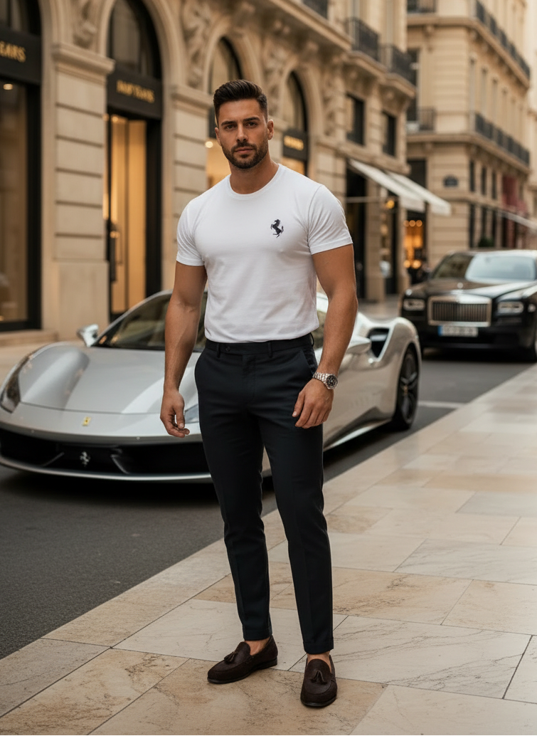 Herren T-Shirt Weiß – 100% Baumwolle – Gesticktes Horse Emblem Logo