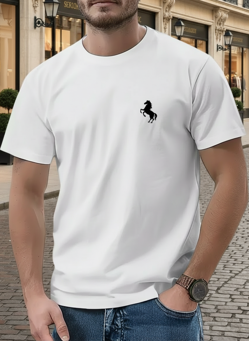 Herren T-Shirt Weiß – 100% Baumwolle – Gesticktes Horse Emblem Logo