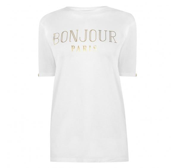 Damen T-Shirt „Bonjour Paris“ – Weiß mit Gold-Print