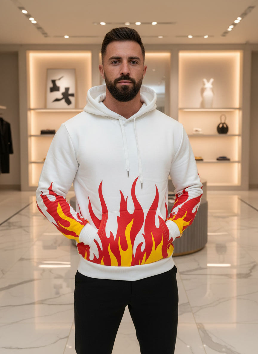 Herren Hoodie mit Flammen-Design – Weiß Hauptbild